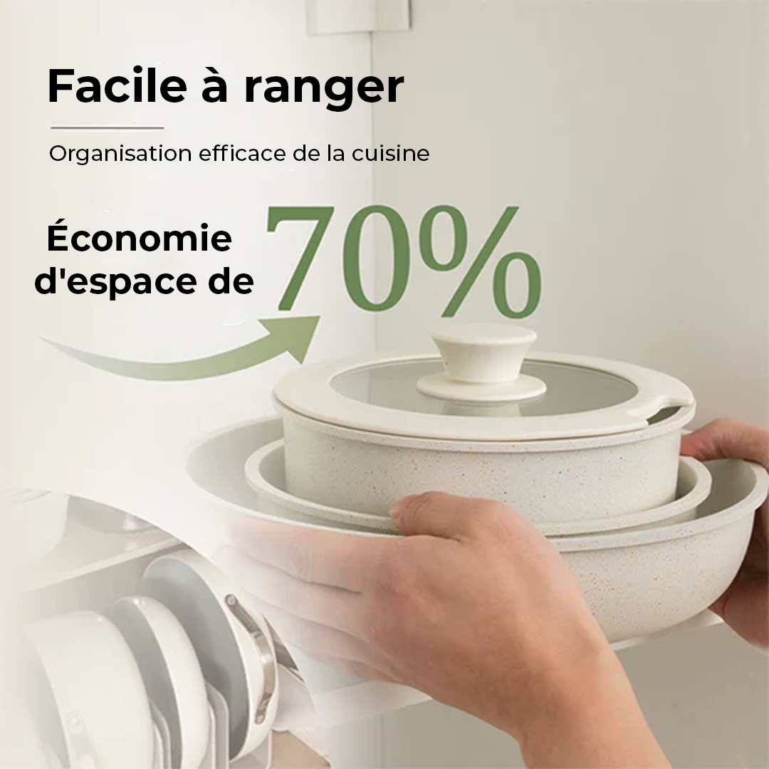 Batterie de cuisine antiadhésive 11 pièces avec poignées amovibles - Granite blanc