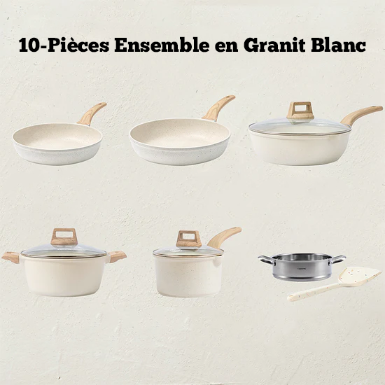 Batterie de Cuisine Antiadhésive 10 Pièces - Granite Blanc
