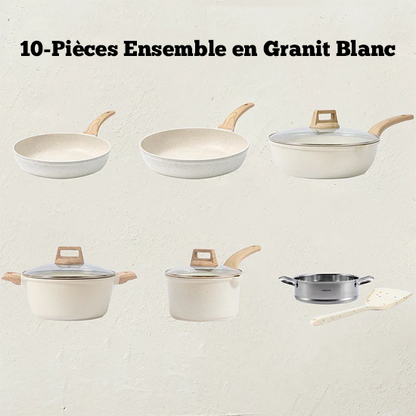 Batterie de Cuisine Antiadhésive 10 Pièces - Granite Blanc
