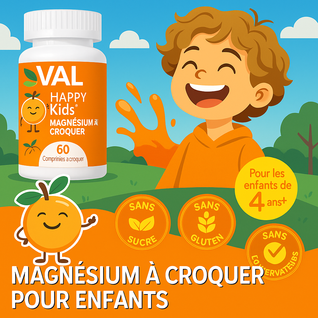 VAL Happy Kids – Magnésium à Croquer pour Enfants – Formule Apaisante et Relaxante | 60 Comprimés à Croquer