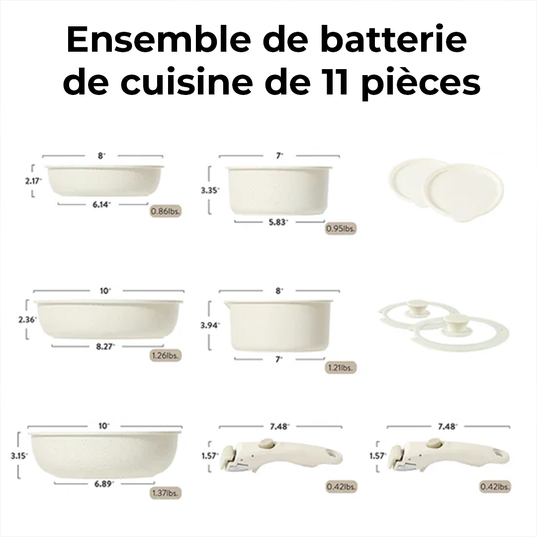 Batterie de cuisine antiadhésive 11 pièces avec poignées amovibles - Granite blanc