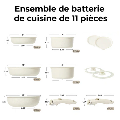 Batterie de cuisine antiadhésive 11 pièces avec poignées amovibles - Granite blanc