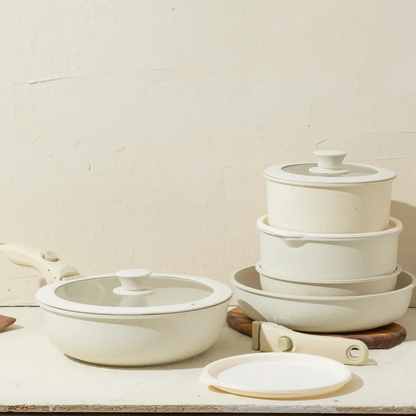 Batterie de cuisine antiadhésive 11 pièces avec poignées amovibles - Granite blanc