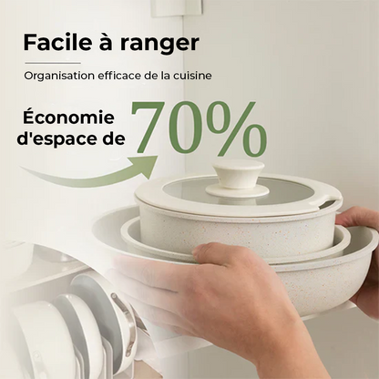 Batterie de cuisine antiadhésive 11 pièces avec poignées amovibles - Granite blanc